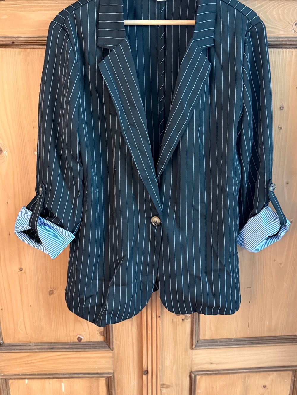NWOT ASOS Black Pinstripe Blazer with Light Blue Cuff Detail